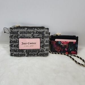 Juicy Culture Black Beige Floral Wristlet Credit Card Key Chain 2 Piece Set NWT